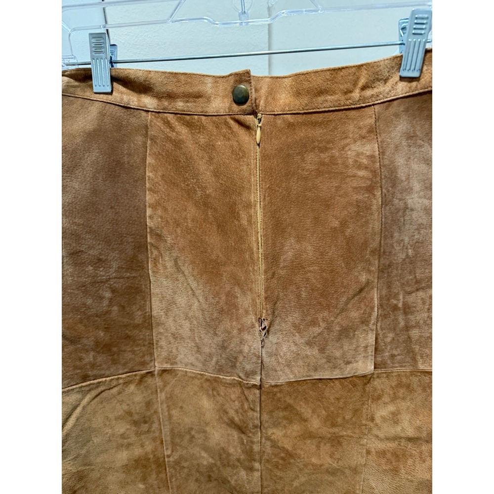 S.M. Tan Suede Patchwork Midi skirt Size 8 High Waist NEEDS REPAIRS - Picture 3 of 5